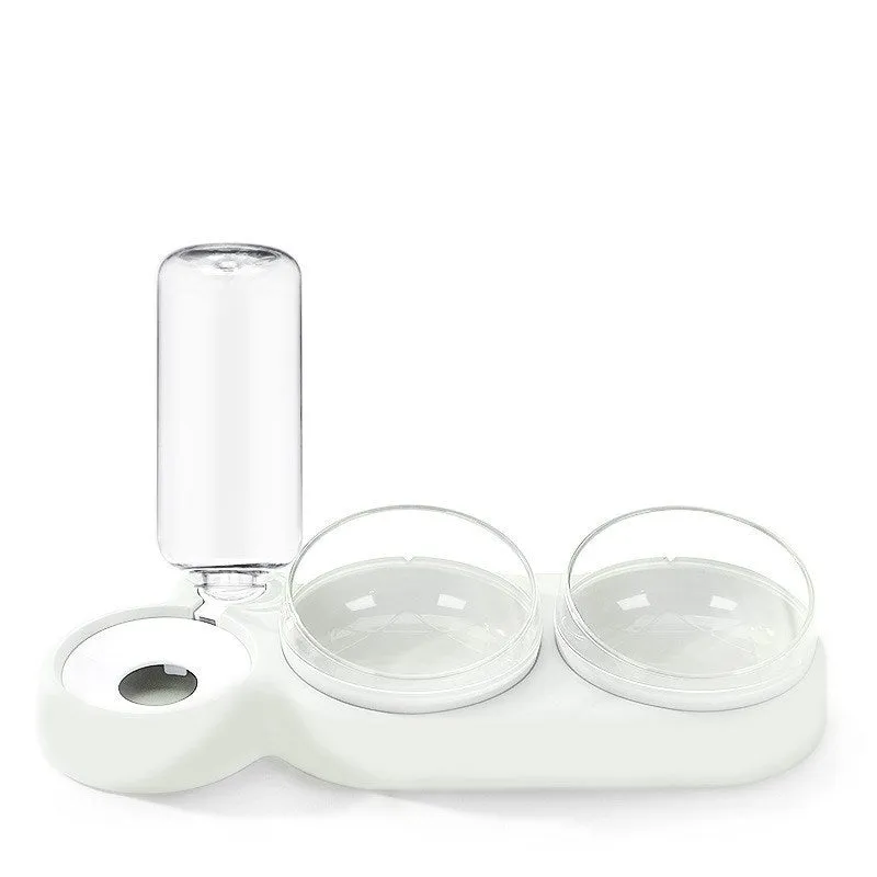 Double bowl automatic pet feeder with 360 degree rotation and tilt for cats in grey colour