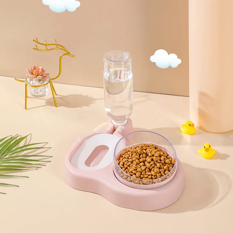 Double bowl automatic pet feeder with 360 degree rotation and tilt for cats in grey colour