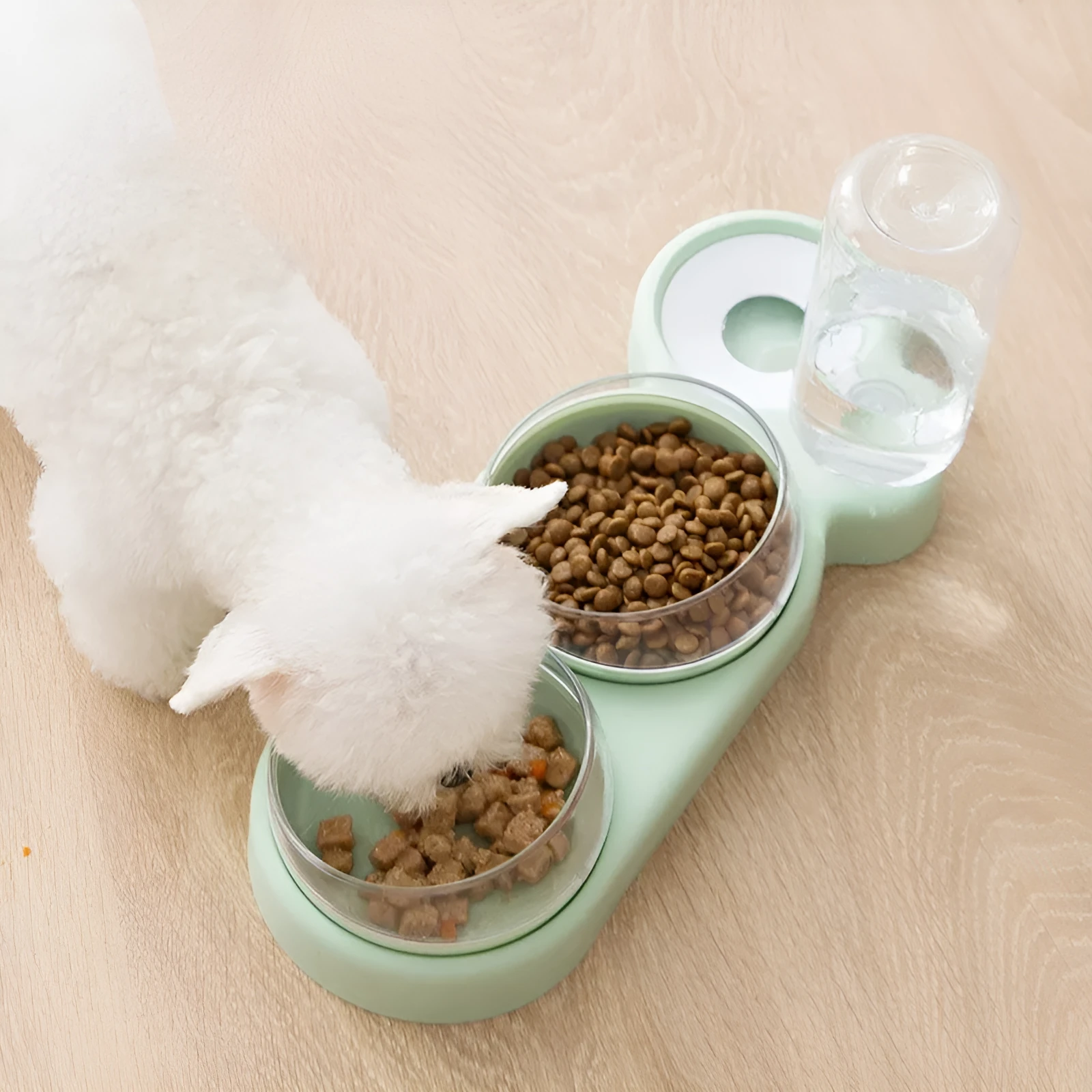 Double bowl automatic pet feeder with 360 degree rotation and tilt for cats in grey colour