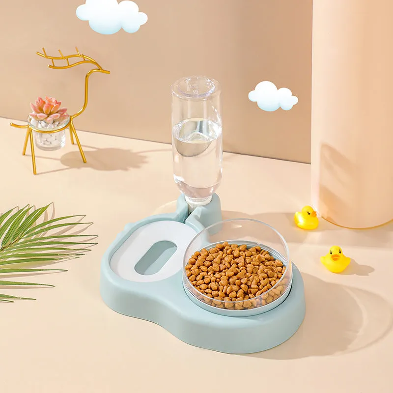 Double bowl automatic pet feeder with 360 degree rotation and tilt for cats in grey colour