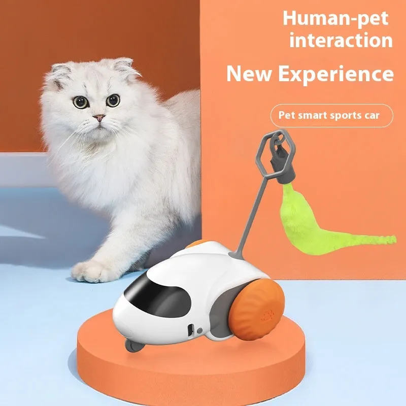 Electric cat toy in Light Gray Blue on a wooden floor, ABS construction, Type-C charging port visible