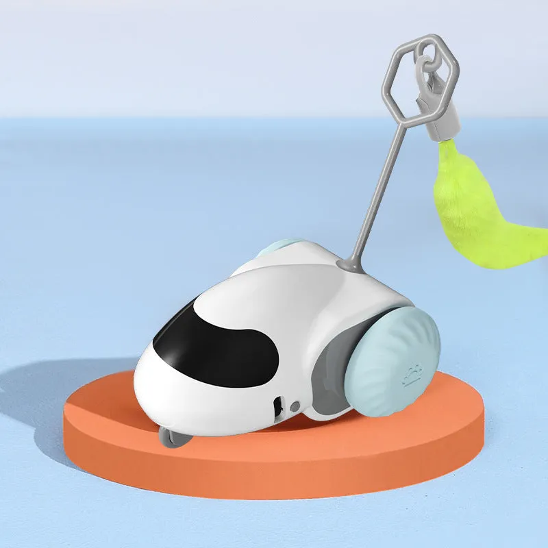 Electric cat toy in Light Gray Blue on a wooden floor, ABS construction, Type-C charging port visible