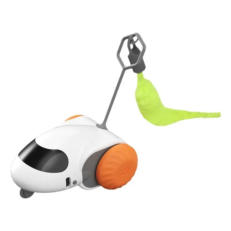 Electric cat toy in Light Gray Blue on a wooden floor, ABS construction, Type-C charging port visible