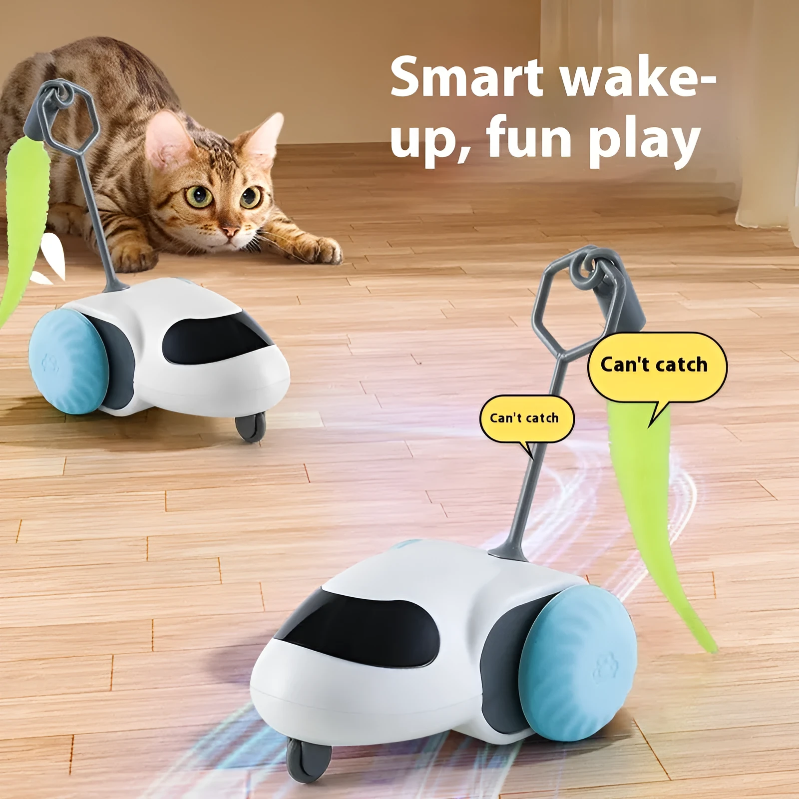 Electric cat toy in Light Gray Blue on a wooden floor, ABS construction, Type-C charging port visible