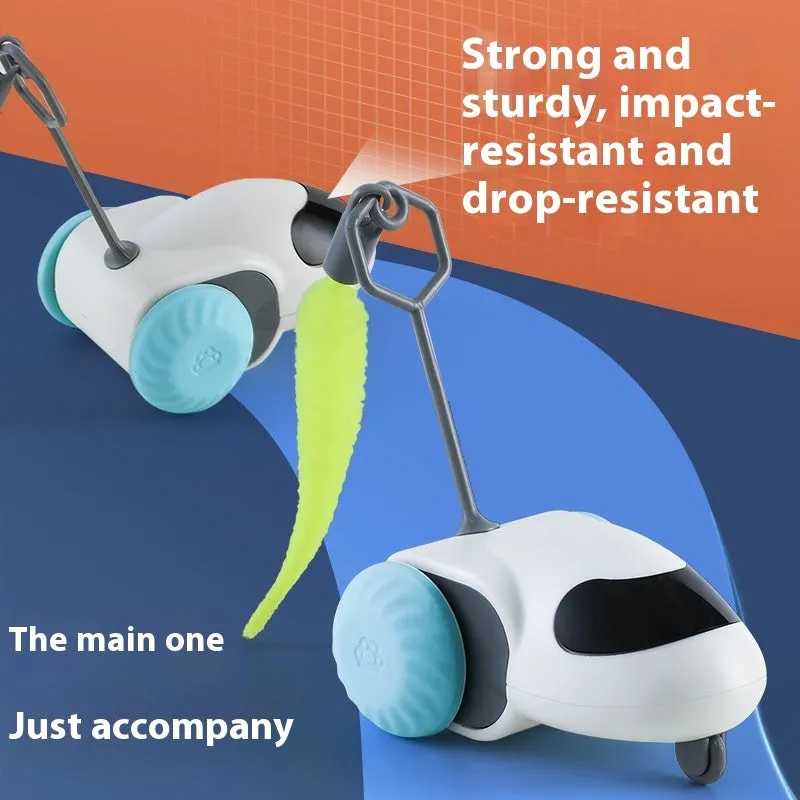 Electric cat toy in Light Gray Blue on a wooden floor, ABS construction, Type-C charging port visible