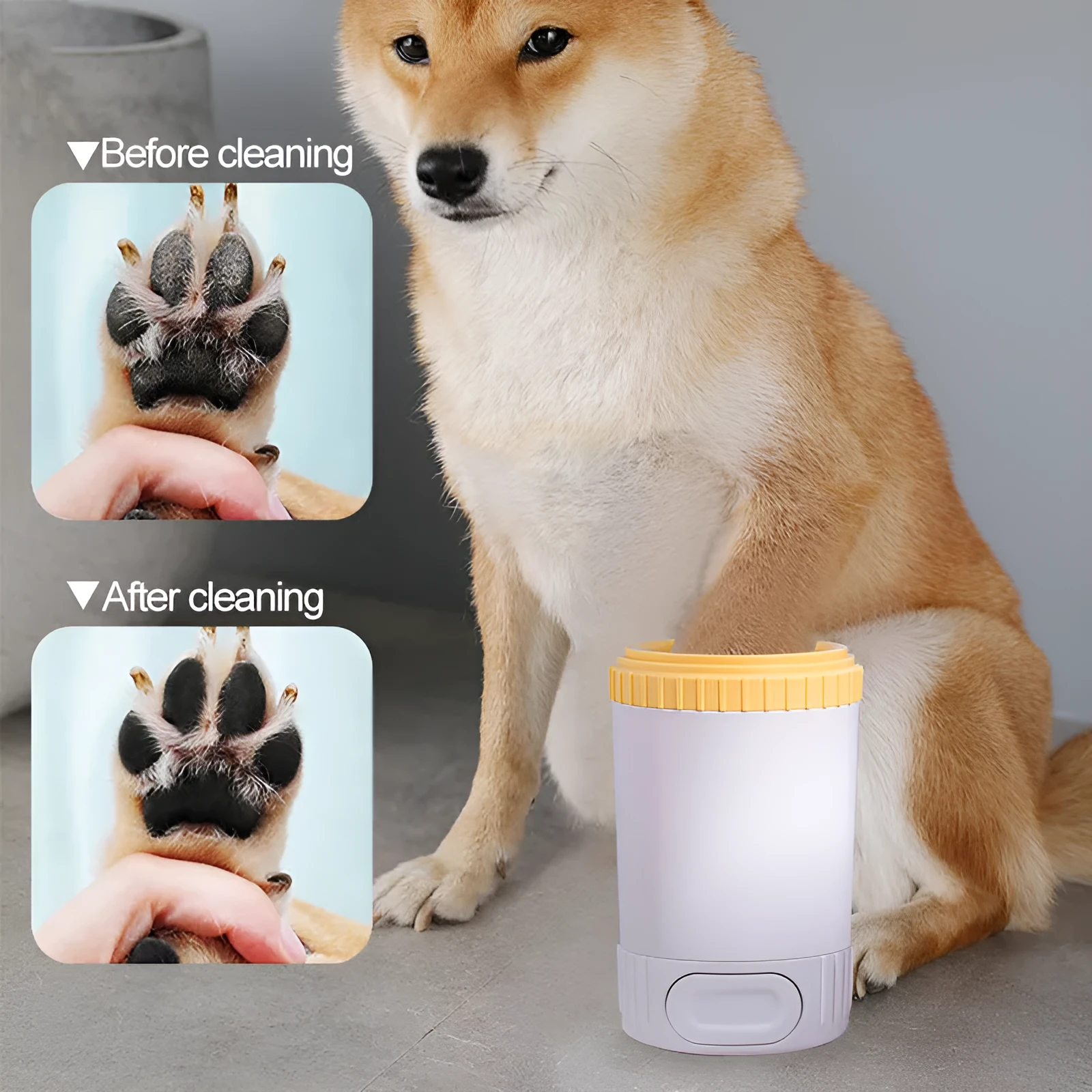 Automatic pet foot wash cup with silicone bristles for small and medium dogs in light grey