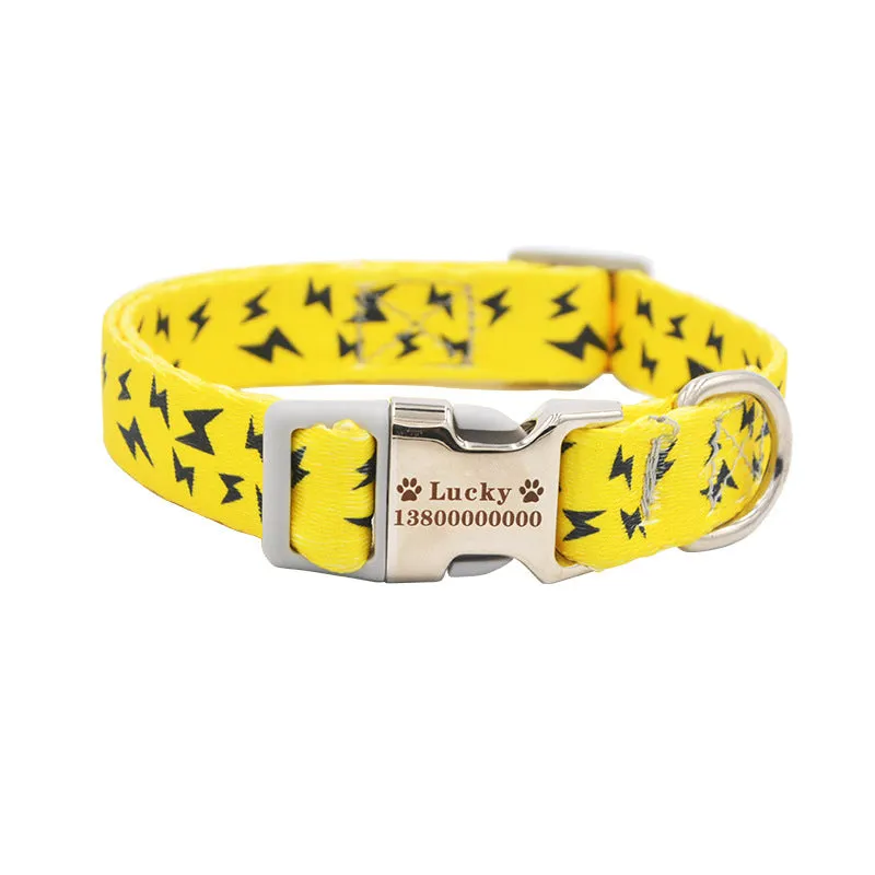 Custom dog collar with personalised lettering in black, available in three adjustable sizes for small to large dogs
