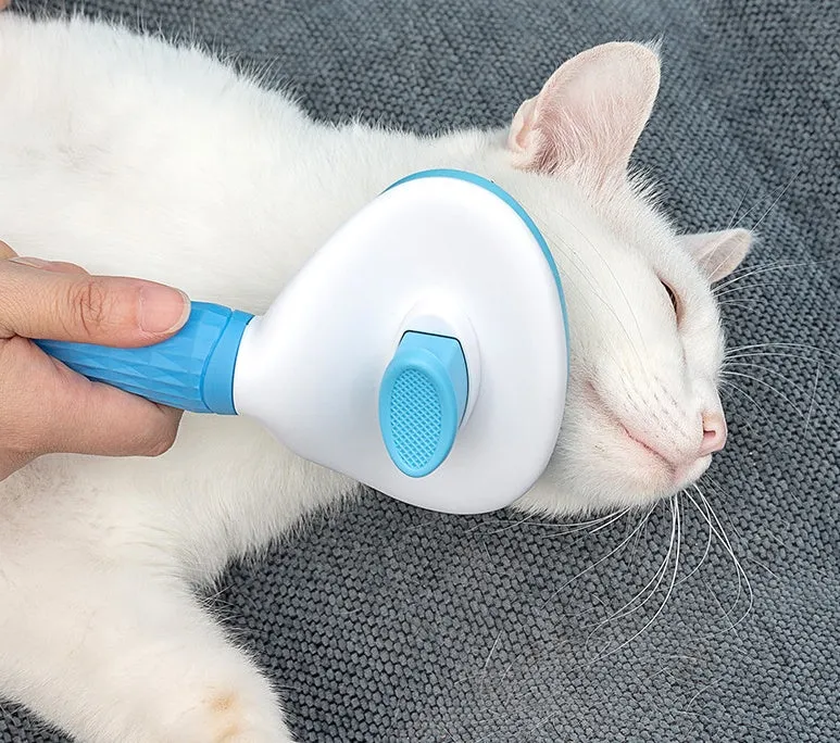 Blue self-cleaning pet comb with fine stainless steel teeth and rubber body on white background