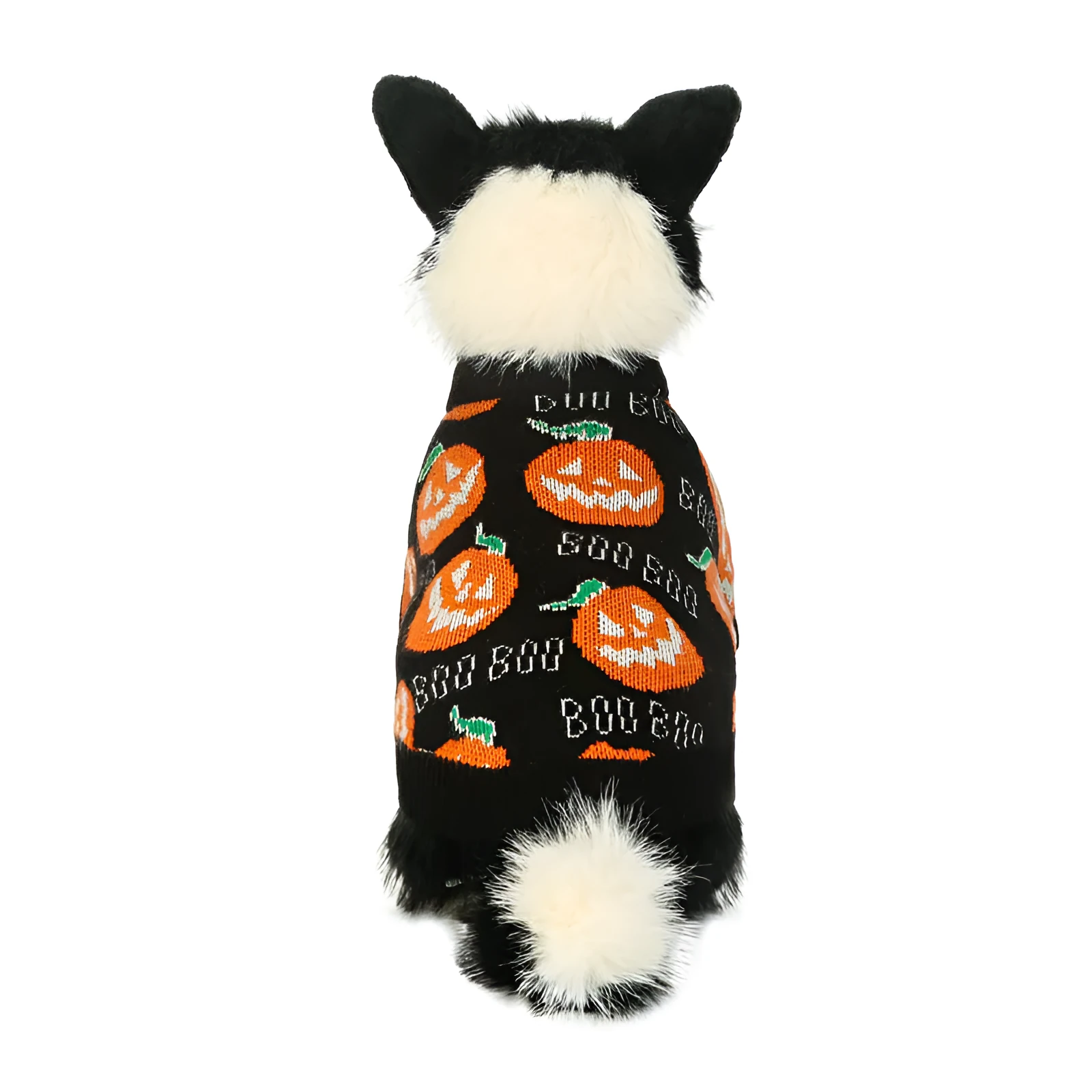 Black dog Halloween sweater with orange pumpkin pattern design in polyester knit fabric