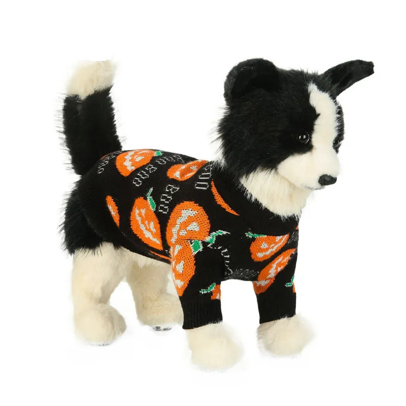 Black dog Halloween sweater with orange pumpkin pattern design in polyester knit fabric