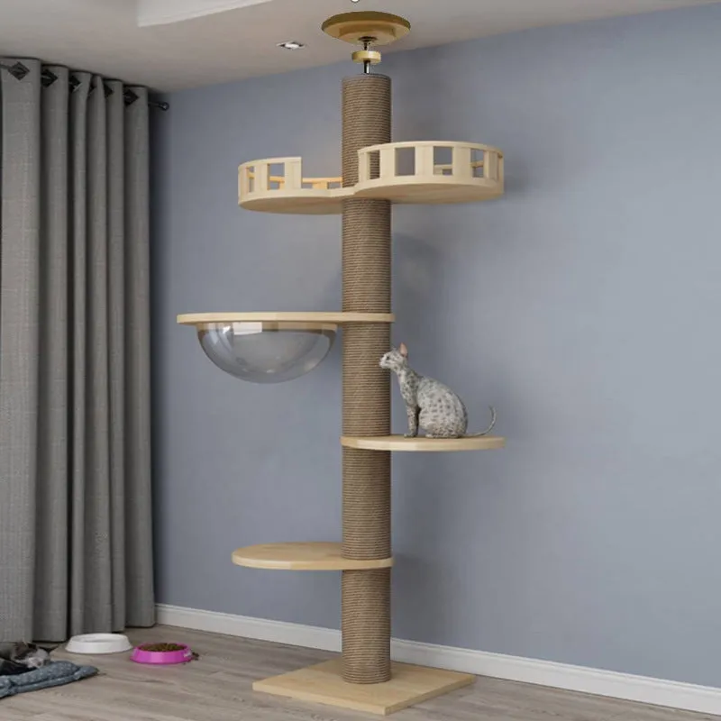 Solid wood column cat climbing frame with space capsule, springboard, and hemp rope scratching posts