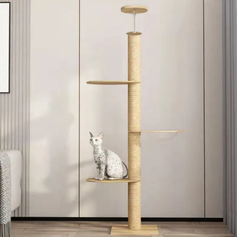 Solid wood column cat climbing frame with space capsule, springboard, and hemp rope scratching posts