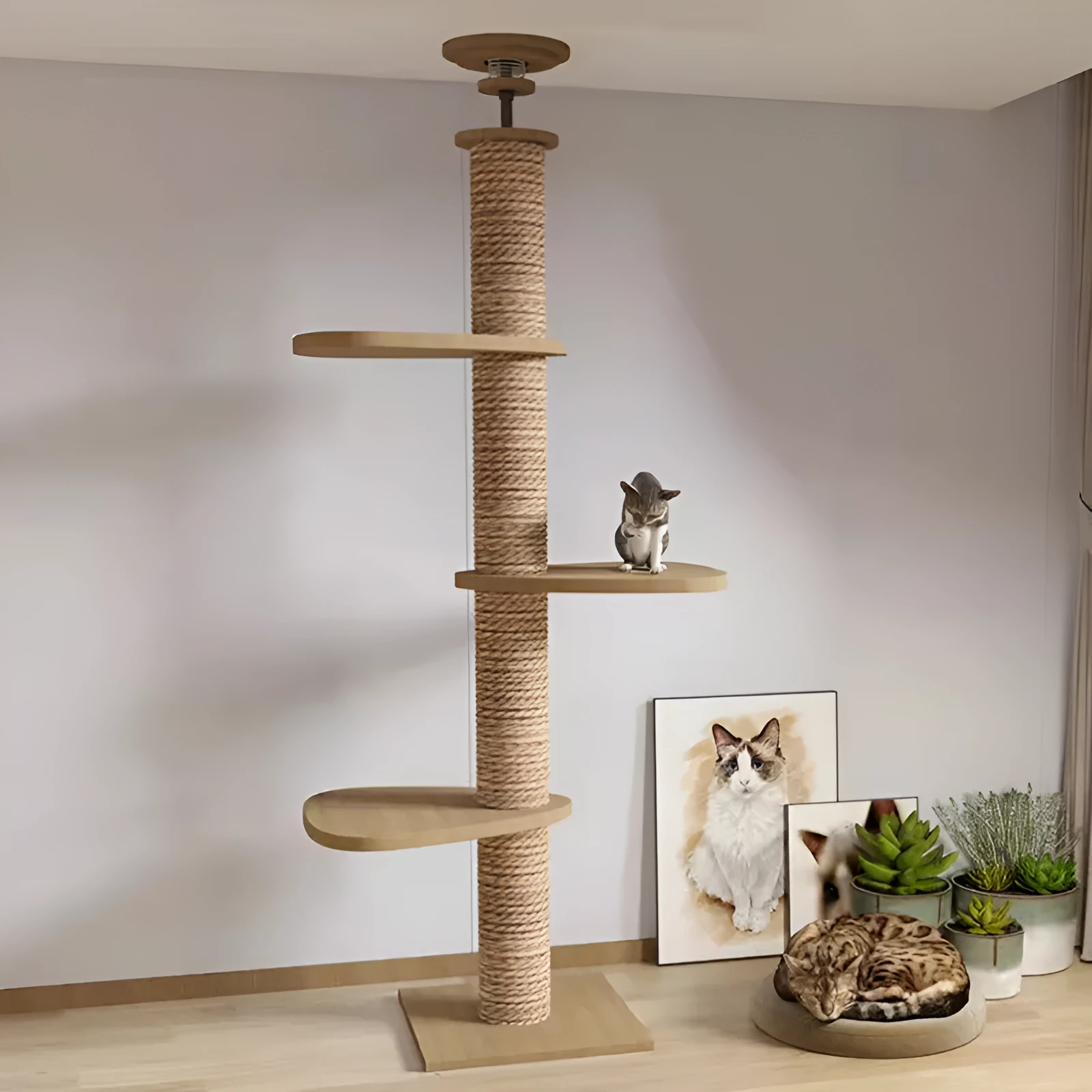 Solid wood column cat climbing frame with space capsule, springboard, and hemp rope scratching posts