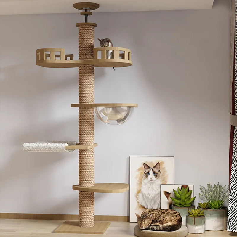 Solid wood column cat climbing frame with space capsule, springboard, and hemp rope scratching posts