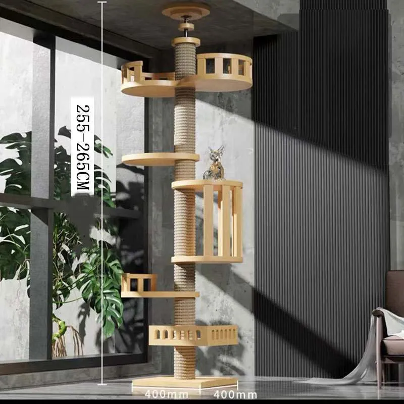 Solid wood column cat climbing frame with space capsule, springboard, and hemp rope scratching posts