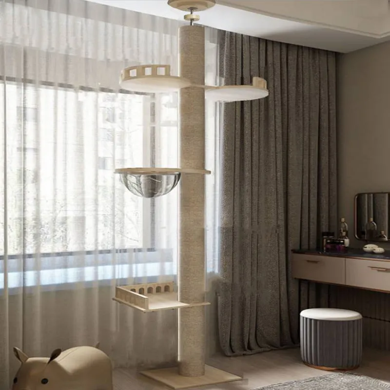 Solid wood column cat climbing frame with space capsule, springboard, and hemp rope scratching posts