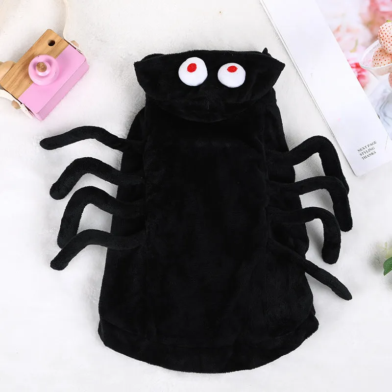 Spider pattern Halloween dog costume in polyester fabric available in sizes S, M, and L
