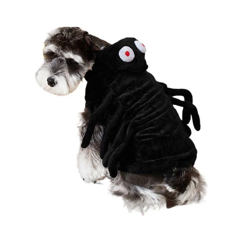 Spider pattern Halloween dog costume in polyester fabric available in sizes S, M, and L
