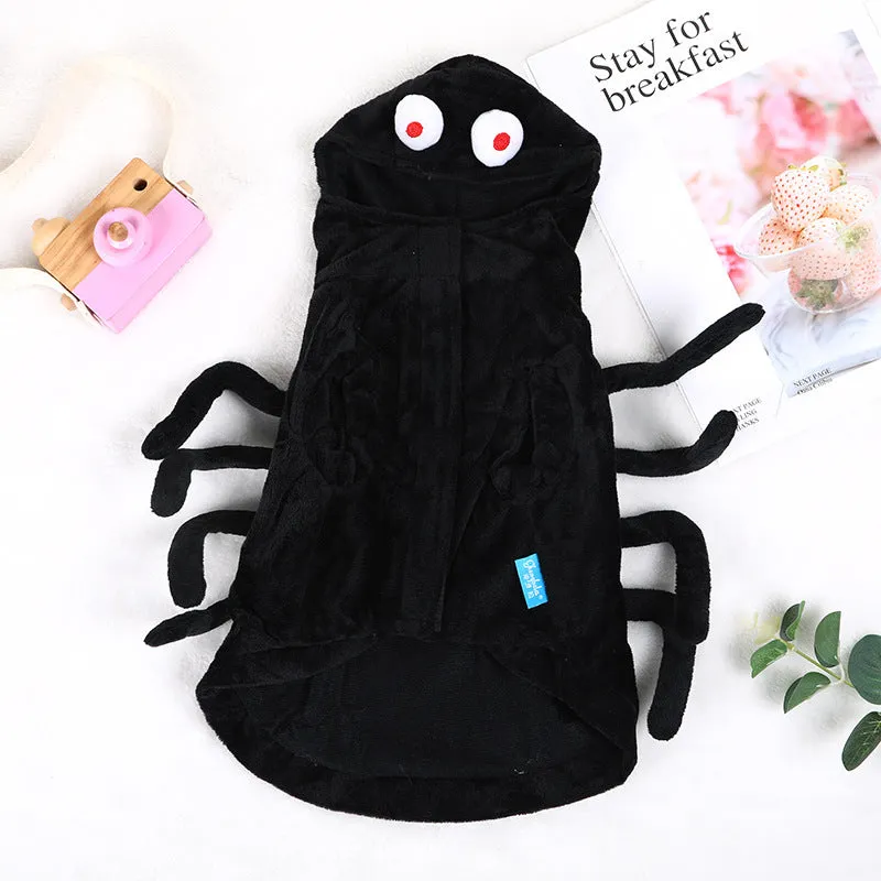 Spider pattern Halloween dog costume in polyester fabric available in sizes S, M, and L