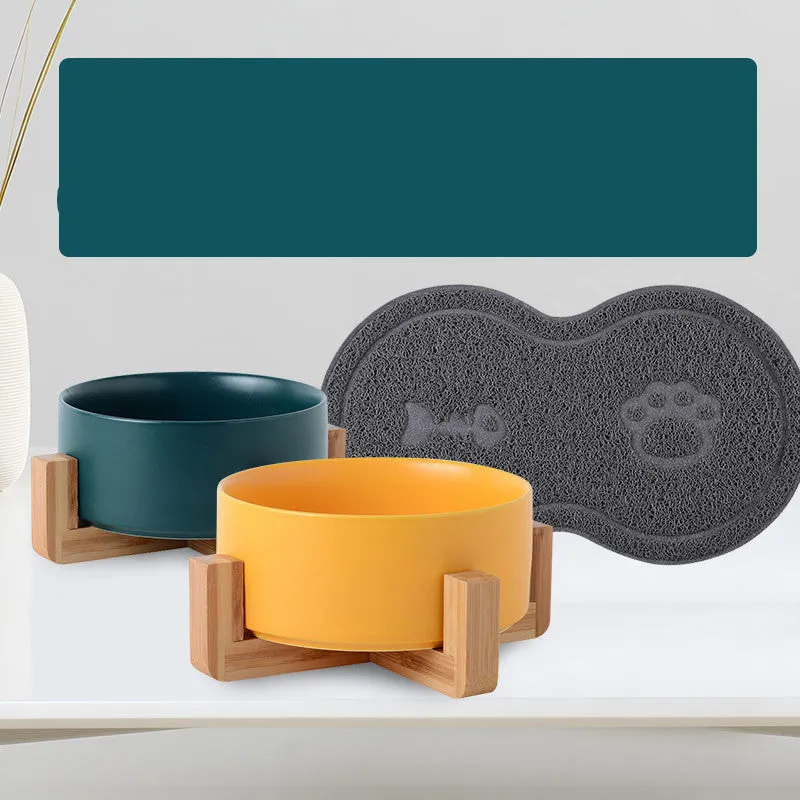 Ceramic cat and dog food bowl with bamboo accent set on a kitchen floor, available in 13cm, 16cm, and 21cm sizes