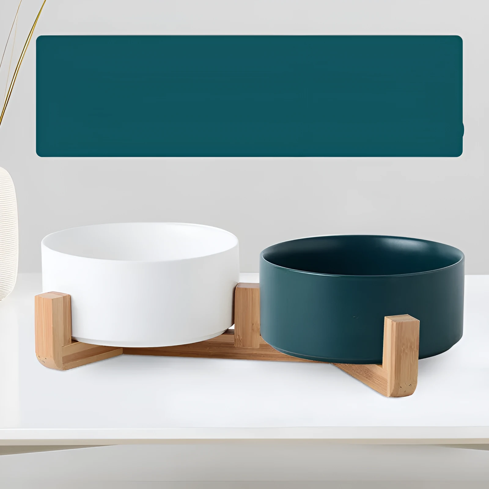 Ceramic cat and dog food bowl with bamboo accent set on a kitchen floor, available in 13cm, 16cm, and 21cm sizes