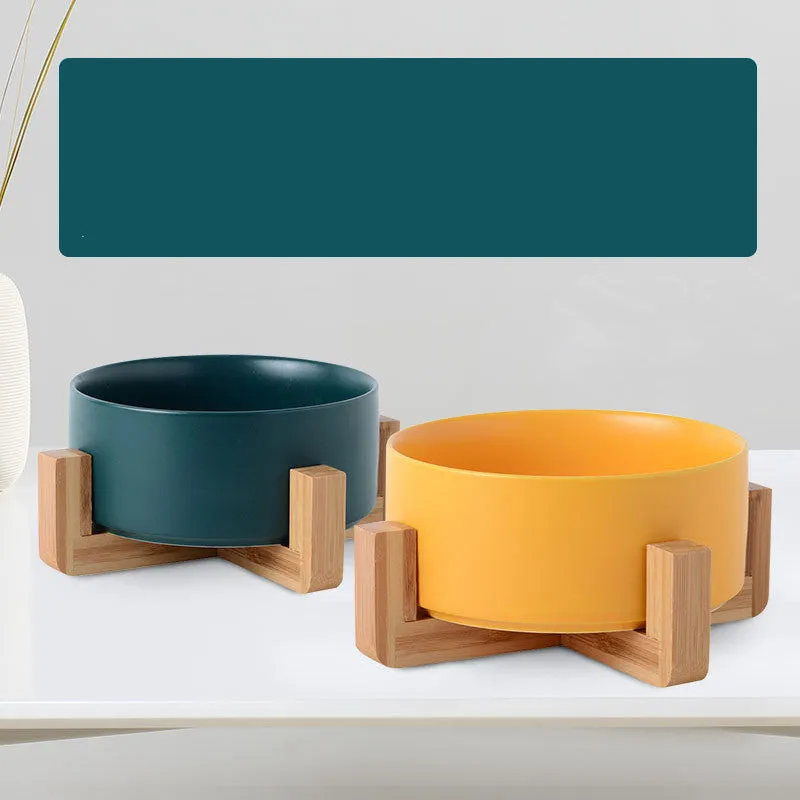 Ceramic cat and dog food bowl with bamboo accent set on a kitchen floor, available in 13cm, 16cm, and 21cm sizes
