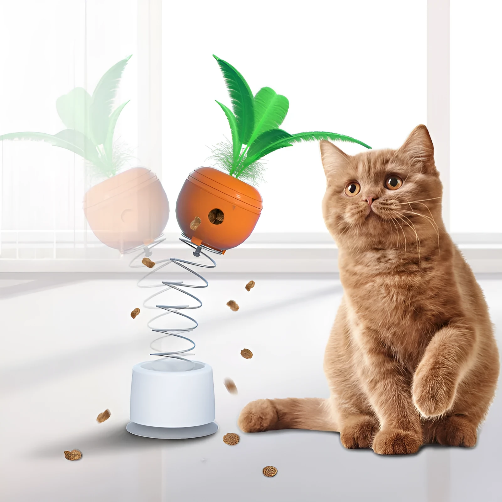 Carrot-shaped self-playing food-leaking tumbler cat toy on a light floor