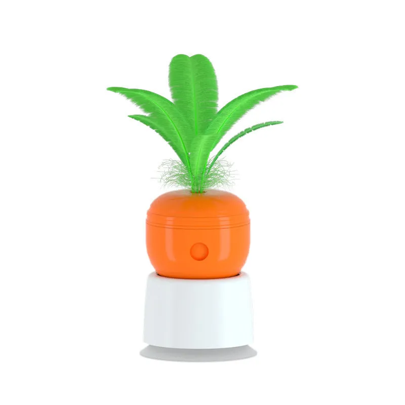 Carrot-shaped self-playing food-leaking tumbler cat toy on a light floor