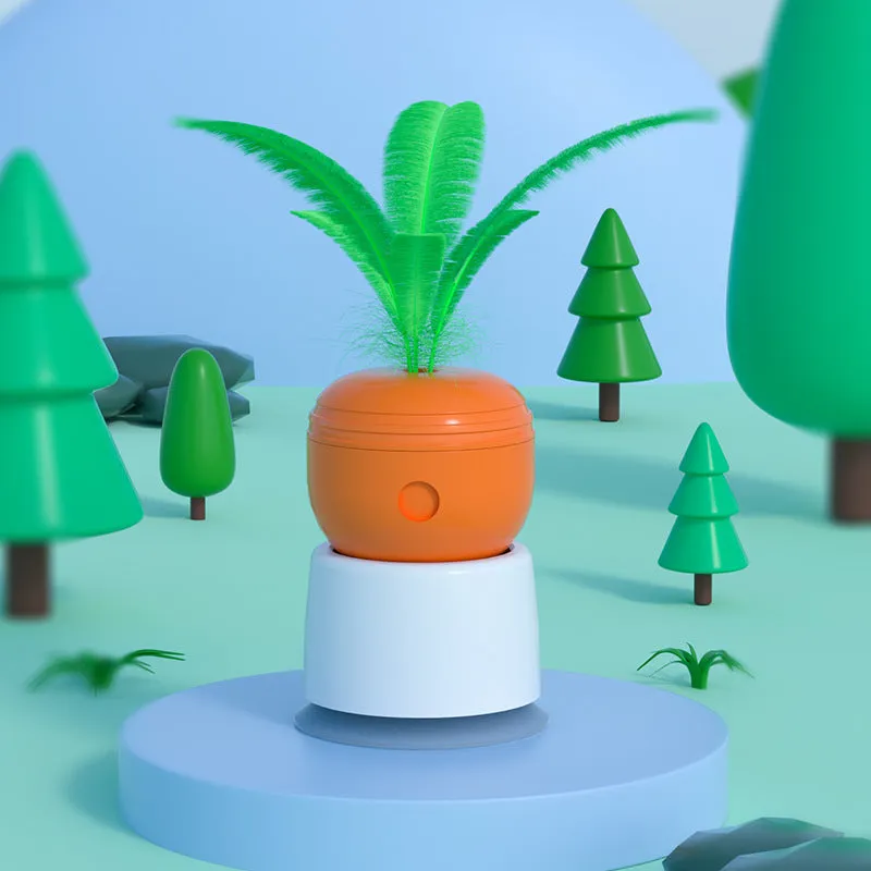 Carrot-shaped self-playing food-leaking tumbler cat toy on a light floor