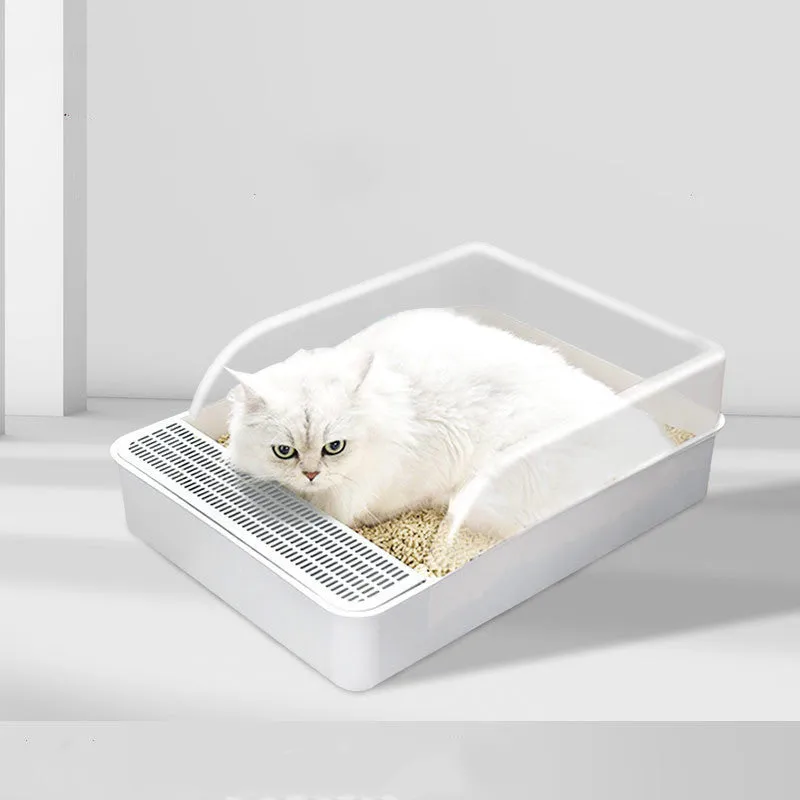 White semi-enclosed cat litter box size S made of PP plastic on a clean floor