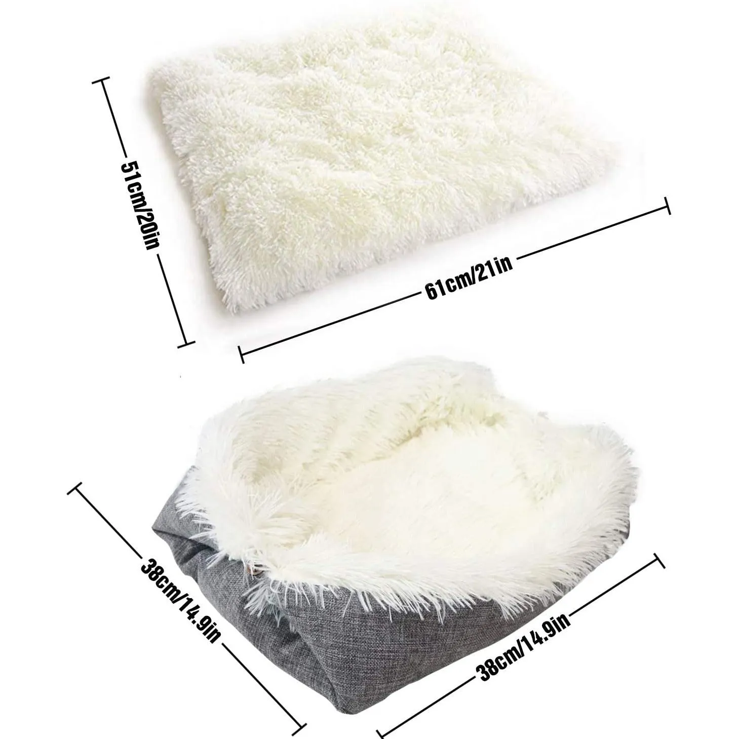 Grey pet blanket nest with long fluffy plush and black non-slip bottom for cats and dogs