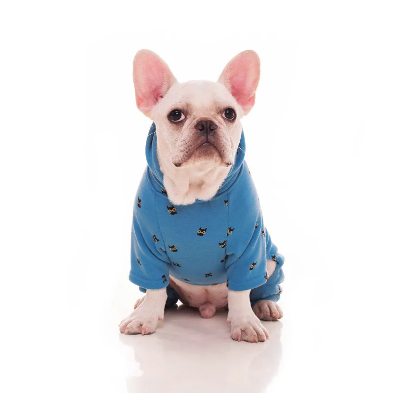 Blue velvet pet hoodie for dogs and cats, four-legged design, size XS to XXXL