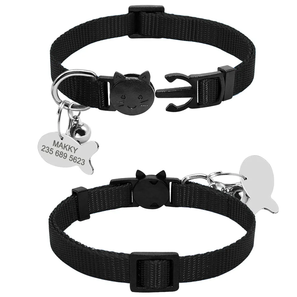 Personalised safety breakaway cat collar with quick release buckle, nylon webbing, fish ID tag, bell, black, for small cats