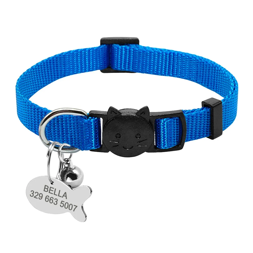 Personalised safety breakaway cat collar with quick release buckle, nylon webbing, fish ID tag, bell, black, for small cats