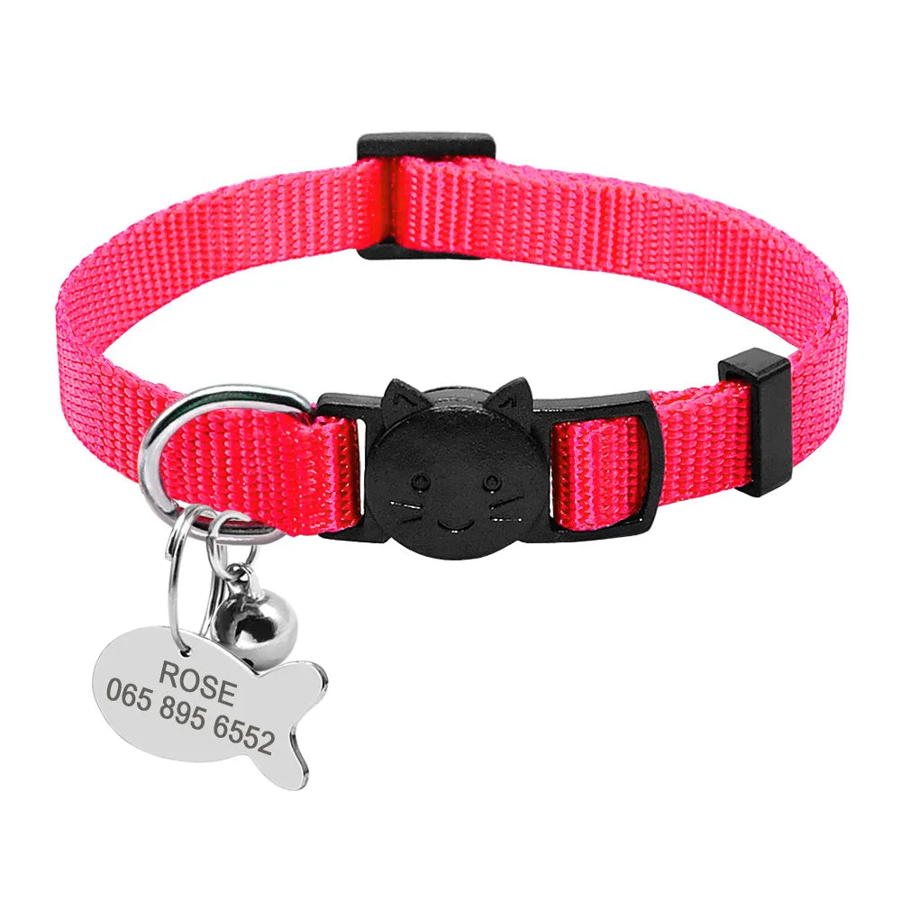Personalised safety breakaway cat collar with quick release buckle, nylon webbing, fish ID tag, bell, black, for small cats