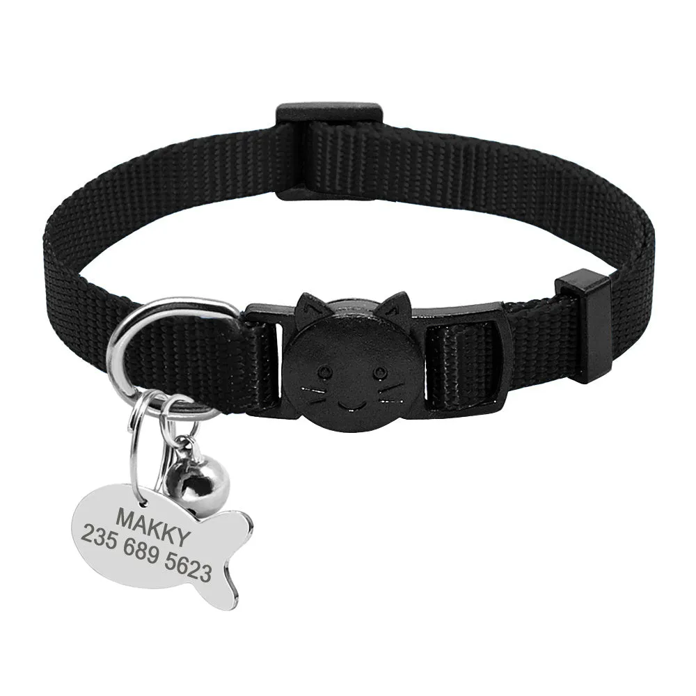 Personalised safety breakaway cat collar with quick release buckle, nylon webbing, fish ID tag, bell, black, for small cats