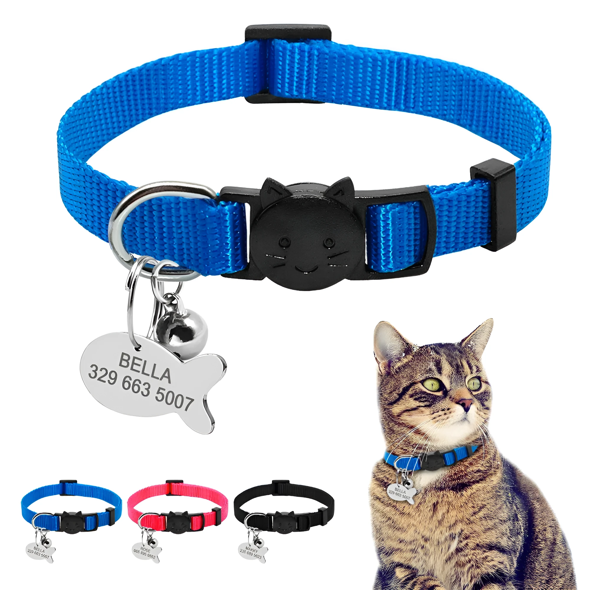 Personalised safety breakaway cat collar with quick release buckle, nylon webbing, fish ID tag, bell, black, for small cats