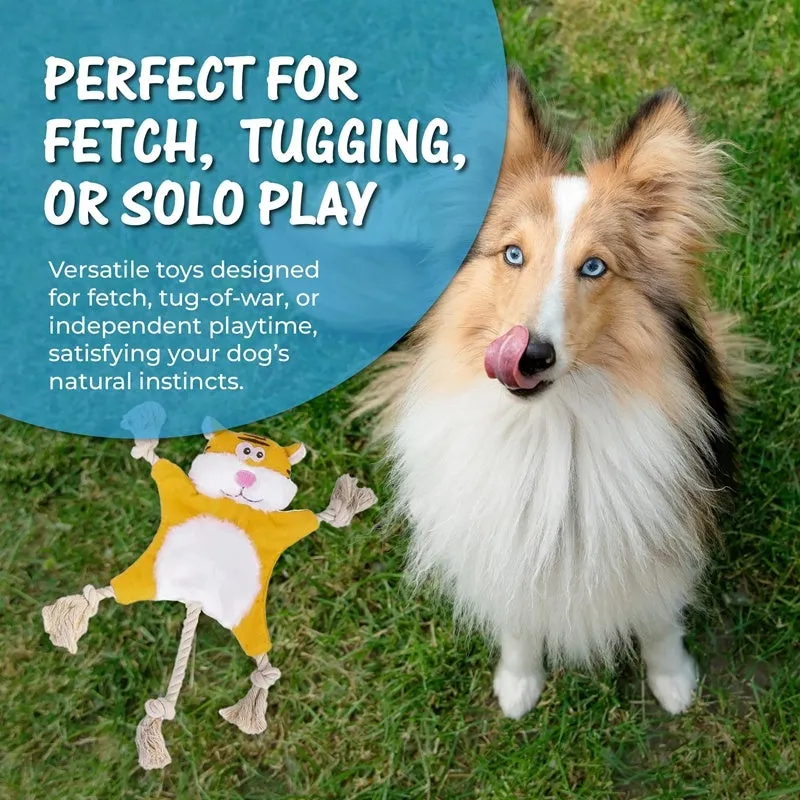 Plush squeaky dog toy set with fox, squirrel, monkey, and other animal shapes on a light background