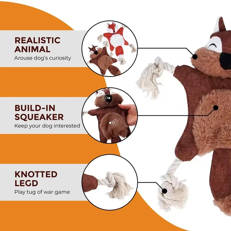 Plush squeaky dog toy set with fox, squirrel, monkey, and other animal shapes on a light background