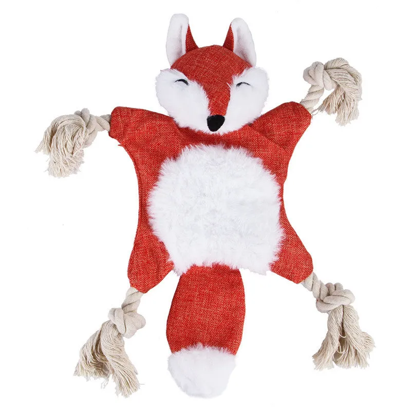 Plush squeaky dog toy set with fox, squirrel, monkey, and other animal shapes on a light background