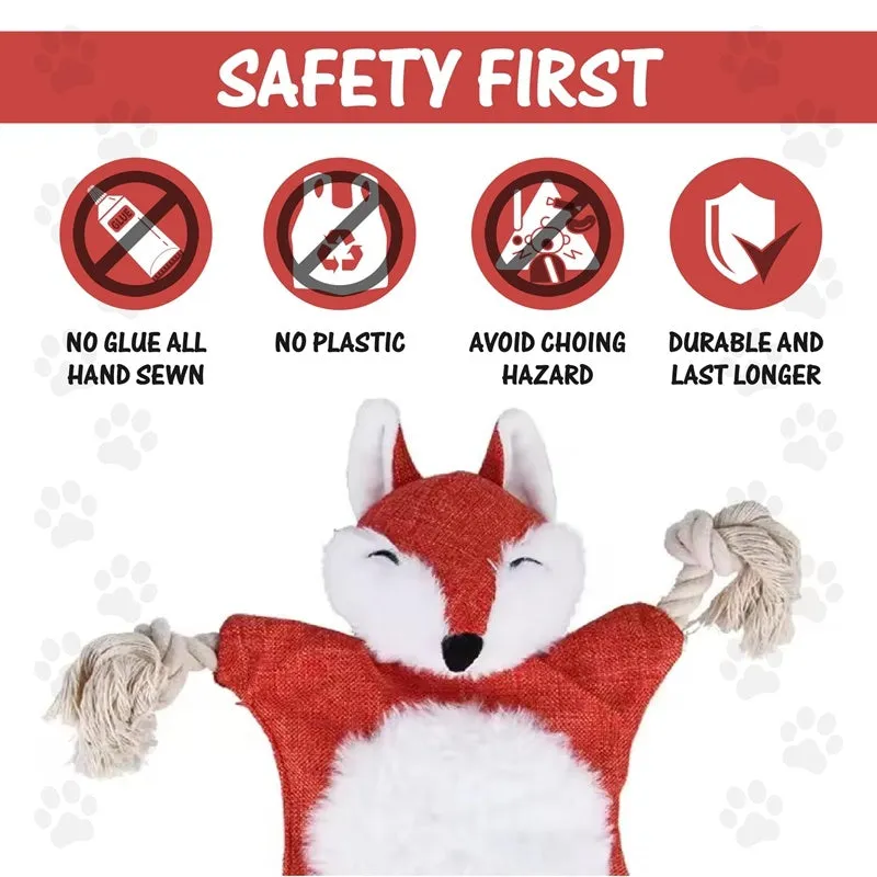 Plush squeaky dog toy set with fox, squirrel, monkey, and other animal shapes on a light background