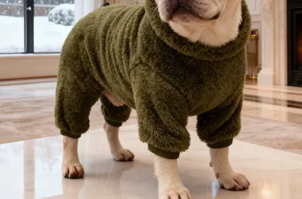 Four-legged pet cotton high-neck warm pullover in army green for dogs, side view on grass