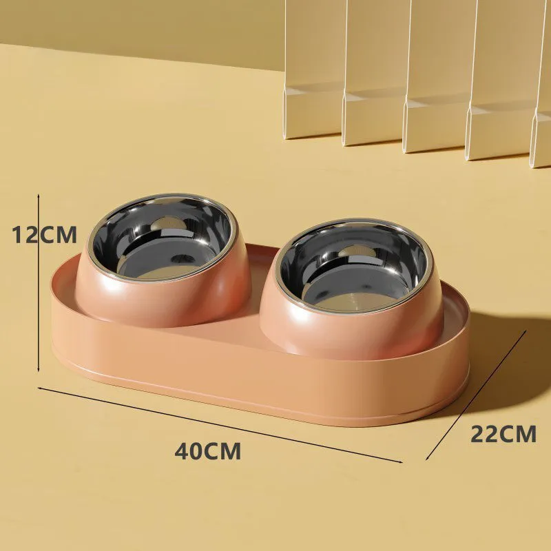 White elevated pet feeder with tilted ceramic bowls on a separate rack, for cats and small dogs.