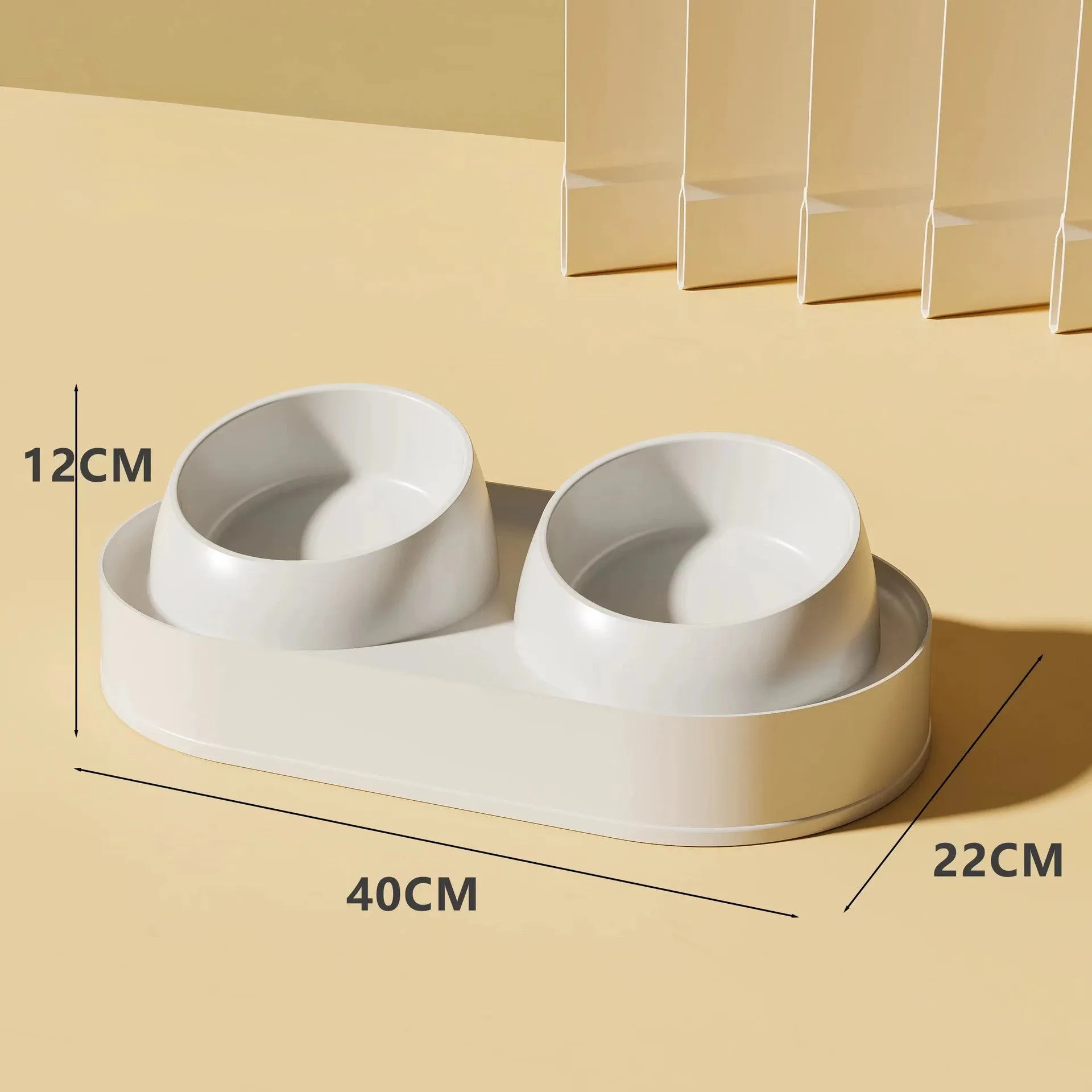 White elevated pet feeder with tilted ceramic bowls on a separate rack, for cats and small dogs.