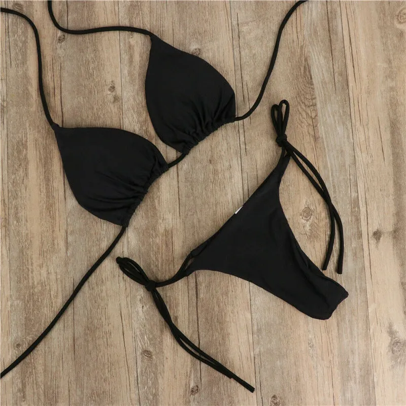 Halter neck tie bikini in milk silk fabric with split side ties, available in multiple colours and sizes S to XL