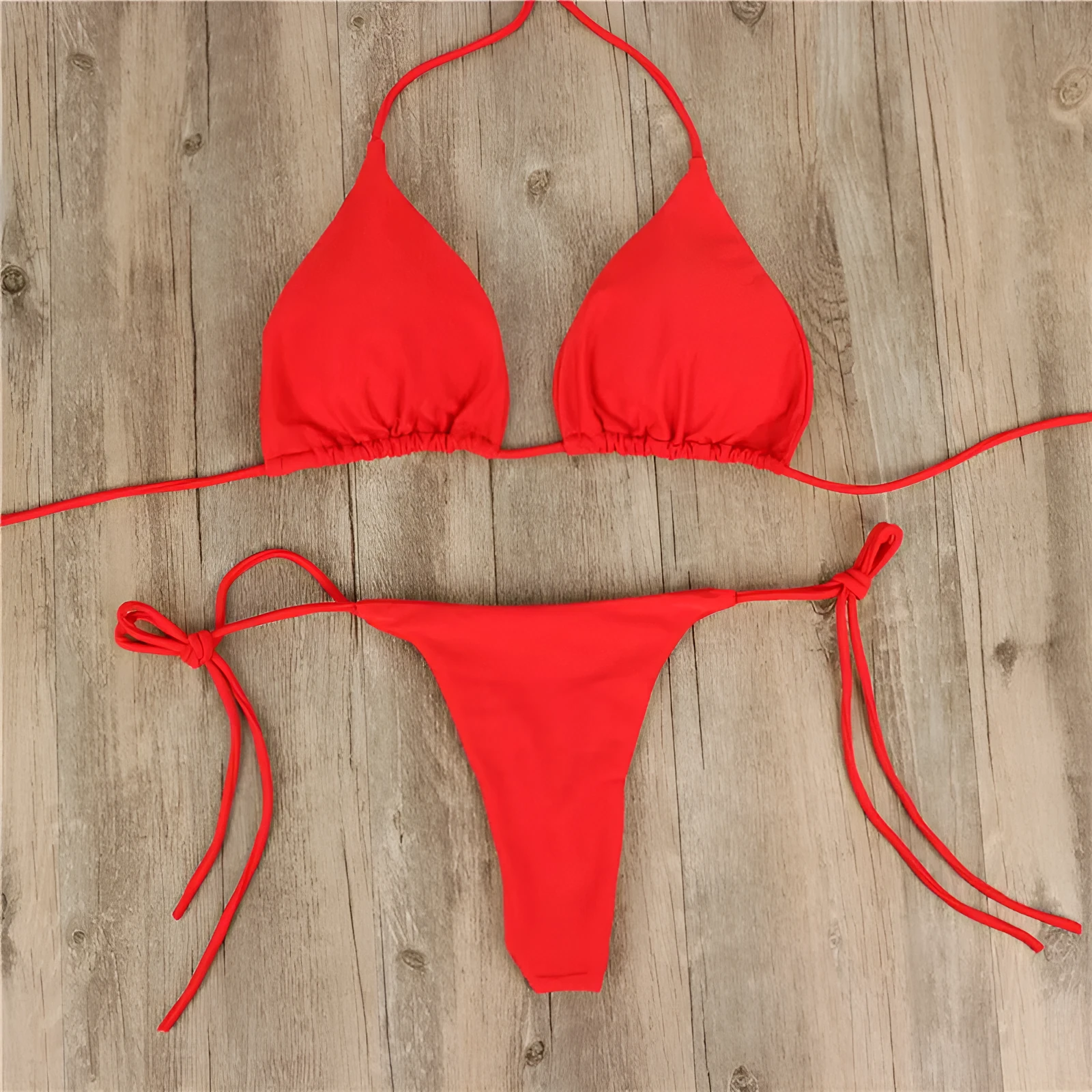 Halter neck tie bikini in milk silk fabric with split side ties, available in multiple colours and sizes S to XL