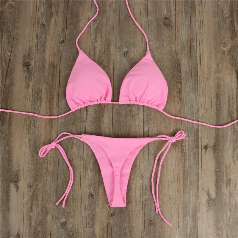 Halter neck tie bikini in milk silk fabric with split side ties, available in multiple colours and sizes S to XL