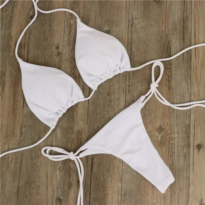 Halter neck tie bikini in milk silk fabric with split side ties, available in multiple colours and sizes S to XL