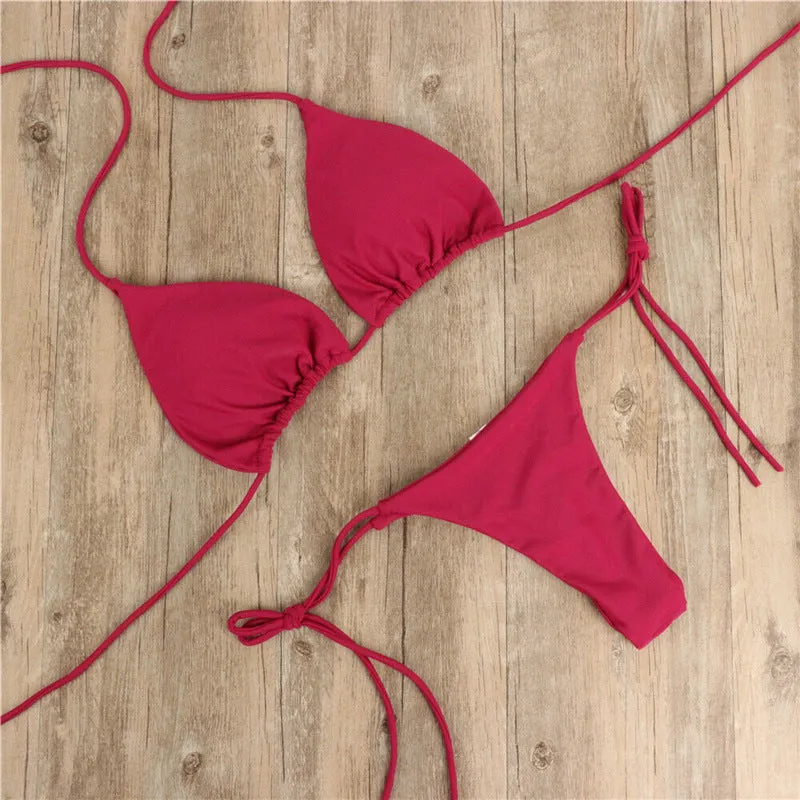 Halter neck tie bikini in milk silk fabric with split side ties, available in multiple colours and sizes S to XL