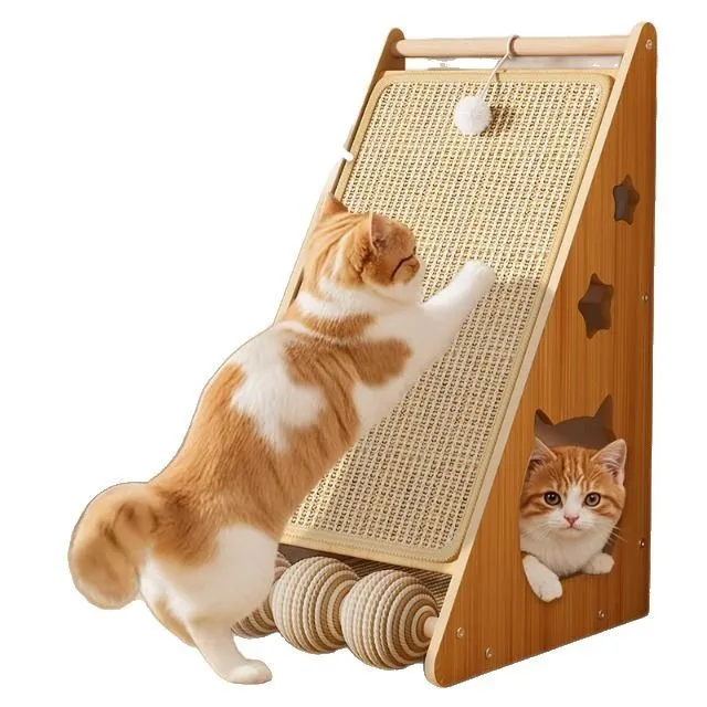 Vertical cat scratch board with funny ball style, made from sisal and hemp rope on a density plate.